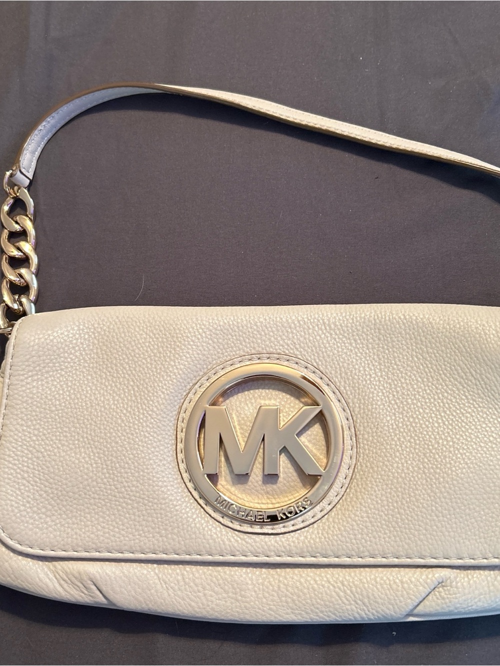 Michael Kors Cream Leather Shoulder Clutch with Gold MK Emblem